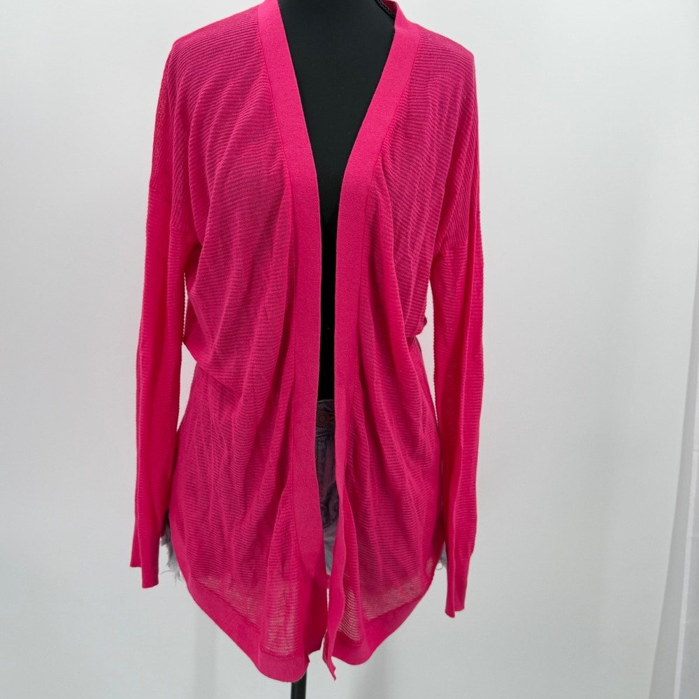 LOFT hot pink Cardigan Open Front Sheer Ribbed Knit lightweight S bubblegum